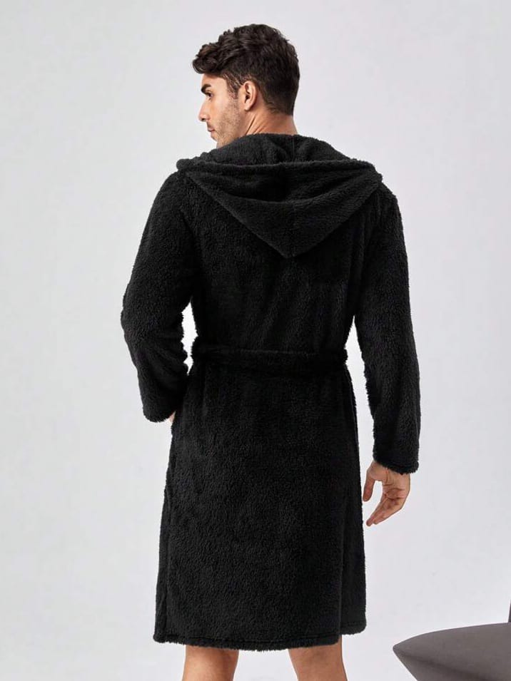DREAN-CITY Men Dual Pocket Hooded Belted Teddy Bathrobe